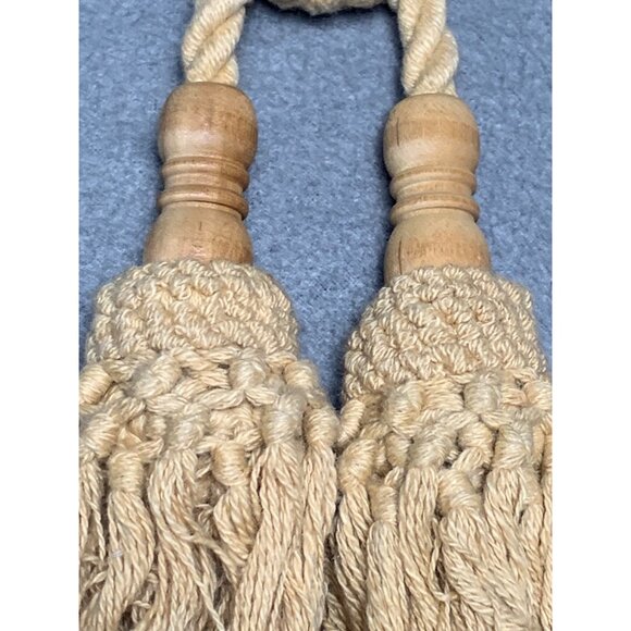 Vintage Beige Tassel Curtain Tiebacks with Wooden Accents Set of 2 - Picture 3 of 13
